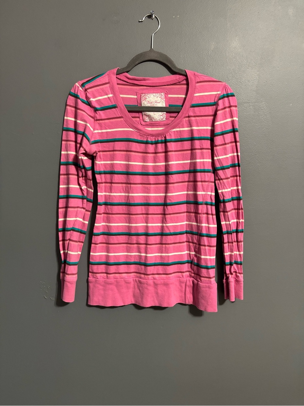 Duck Head Jean co pink feminine striped long sleeve cotton Y2K top size large